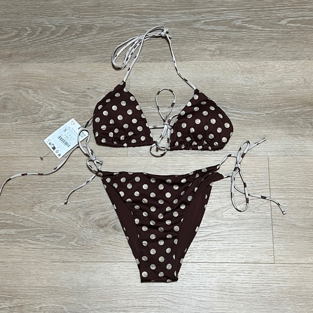 NWT Zara Polka Dot Print Bikini Two-Piece Set Brown Size S Matching Swimsuit